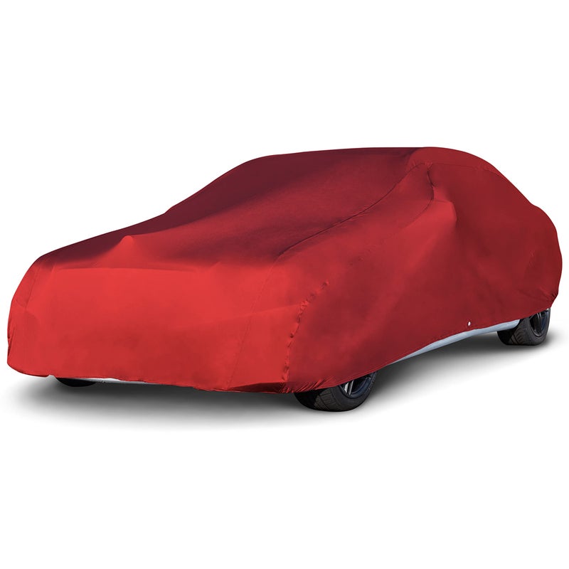 Budge Indoor Stretch Car Cover, Premium Dustproof Protection with Soft Fleece Lining, Breathable Indoor Car Cover Fits Vehicles up to 170 Inches, Red - Image 1